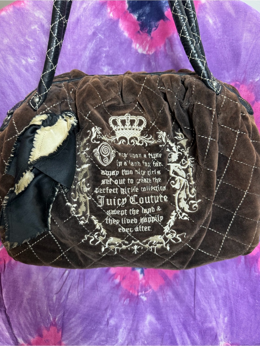 Vintage Juicy Couture Brown dumpling Quilted Velvet Bag with Embroidered Crest